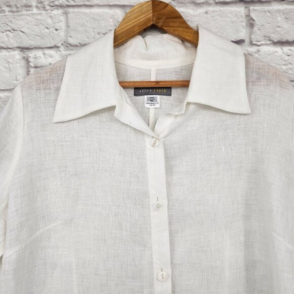 Stina Sayre White 100% Linen Collared Button Up Shirt Lagenlook  XL - Picture 8 of 13